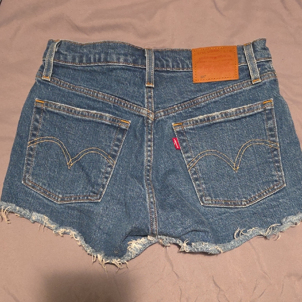 Levi's Denim Cutoff Shorts in Classic Blue with Tan Patch